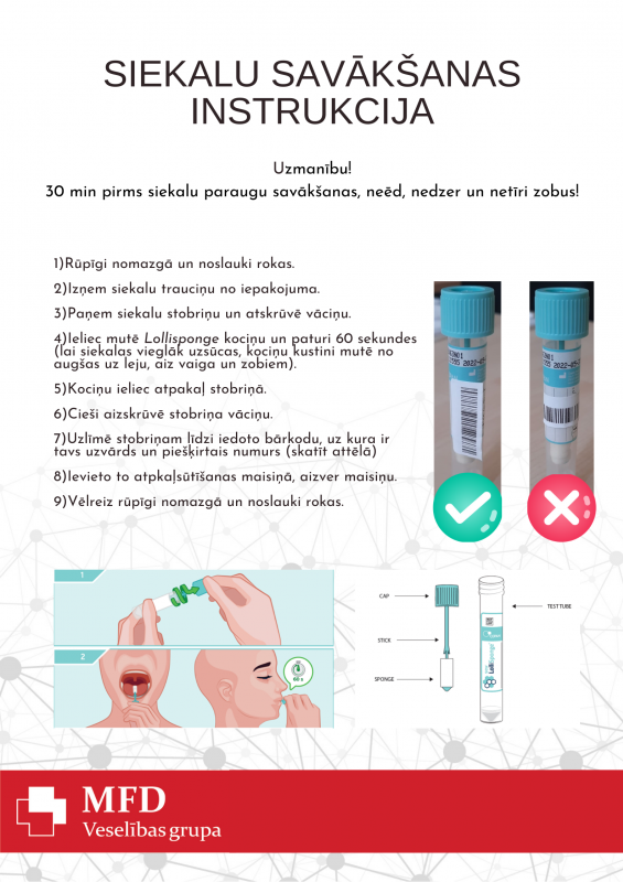 Kā savākt siekalas ar Lollisponge instrukcija PDF, mēģene ar sūklīti uz stiprinājuma patur mutē 60 sekundes