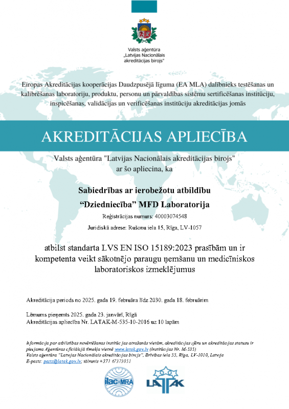 Akreditācijas apliecība LVS EN ISO 15189_2023